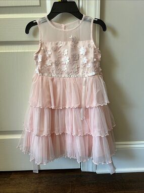 Jona Michelle Light Pink Floral Appliqué Tiered Tulle Dress
